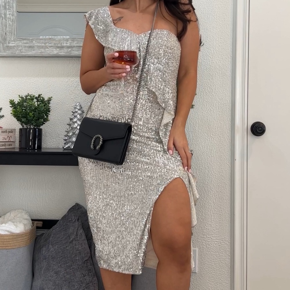 Champagne off the shoulder sequence dress. Size 4